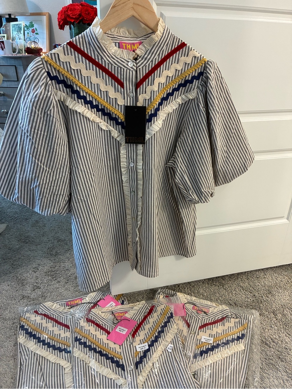 THML Navy & Red Trimmed Striped Puff Sleeve Blouse